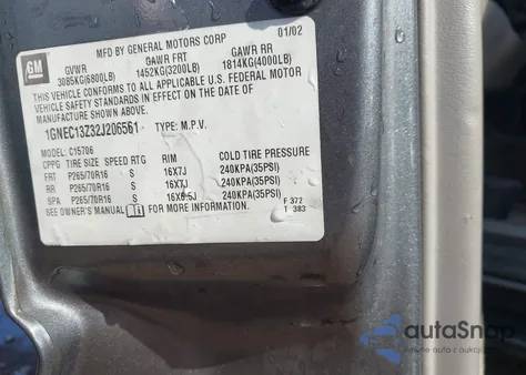 2002 Chevrolet Tahoe Ls z USA, uszkodzony, nr VIN 1GNEC13Z32J206561